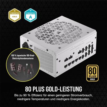 Блок живлення Corsair RM1000x Shift 1000W White, ATX 3.1 & PCIe 5.1, 80 Plus Gold, повністю модульний, бічний інтерфейс підключення, Zero RPM