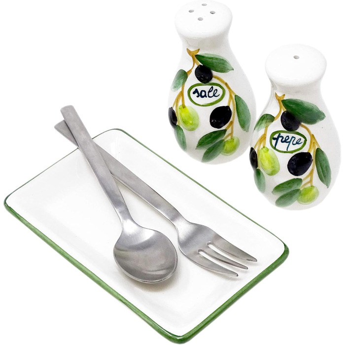Handmade salt and pepper shaker set from Italian ceramic, 3-piece in olive green design with tray, size 14x8 cm