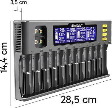 Зарядний пристрій Retoo для акумуляторів AA, AAA, 9V NI-MH/NI-CD, Li-ion 3.70V/3.80V, LiFePO4 3.20V, 12 слотів, швидка зарядка з LCD дисплеєм, чорний
