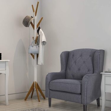 Дерев'яна вішалка для одягу Style Home, 8 гачків, білий та бамбук, для коридору, спальні, висота 178 см