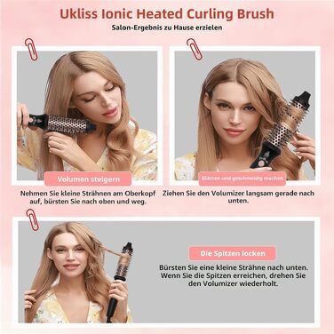 Мультистайлер для волосся 6 в 1 UKLISS Air Styler Set з дифузором, професійний фен-щітка 1000 Вт з LCD-дисплеєм, набір для укладки: локони, об'єм та вирівнювання, колір рожеве золото