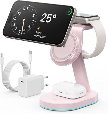 Бездротова зарядка 3-в-1 з MagSafe, USB-C, для iPhone 16/15/14/13/12, Apple Watch та AirPods, з нічним світлом (Рожева)