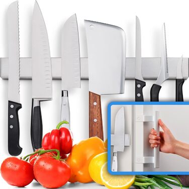Premium 43cm Magnetic Knife Strip for Refrigerator - Non-Slip, Extra Strong Double-Sided Magnetic Knife Holder - Space-Saving Magnetic Knife Rail with Strong Magnetic Attraction