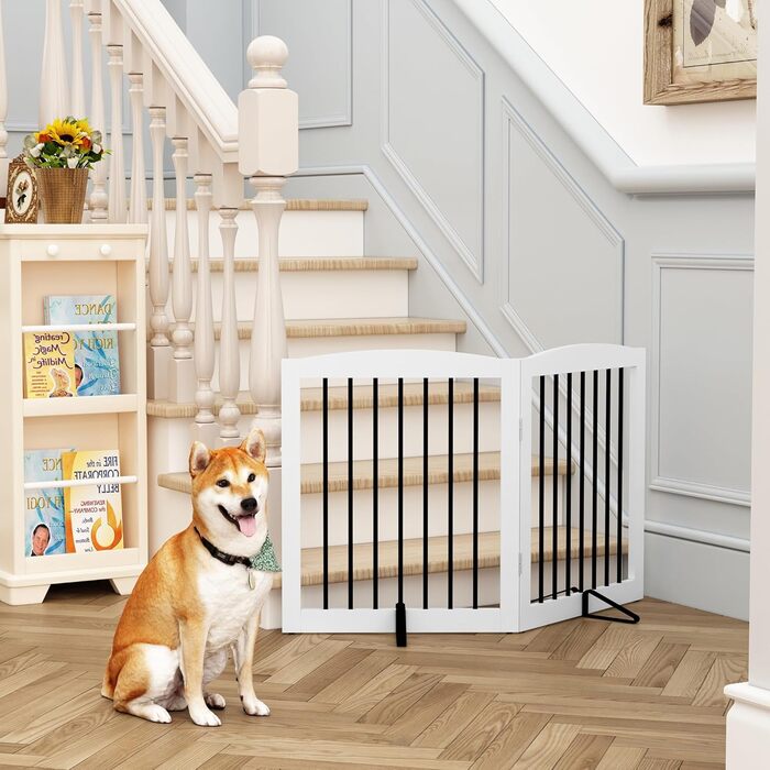Захисне ґратка для собак, перегородка для собак у квартиру без свердління, металева та дерев'яна, самостійна, для дверей, сходів, захист, складана, біла, 4 панелі, захист для дверей 24 дюйми * 4 (24 дюйми білий * 2)