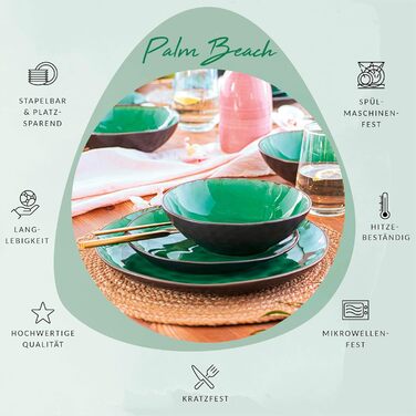 SÄNGER | Teller Set Palm Beach 12-Piece Set, Dinnerware Set for 4 People, Dinnerware Stoneware, Dinner Set including Dinner Plates, Dessert Plates & Deep Plates Green Black with Brown Gradient | PREMIUM COLLECTION Tableware Service 12 Pieces