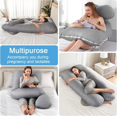 Тілоподушка SHANNA для сну на боці, U-подібна, вагітним, знімний чохол, 70 x 145 см (Сірий смугастий)