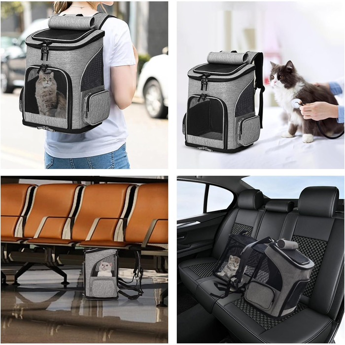 Рюкзак для тварин: переноска для собак та котів до 10 кг, сірий. Зручна, розширювана, з 2 матами.