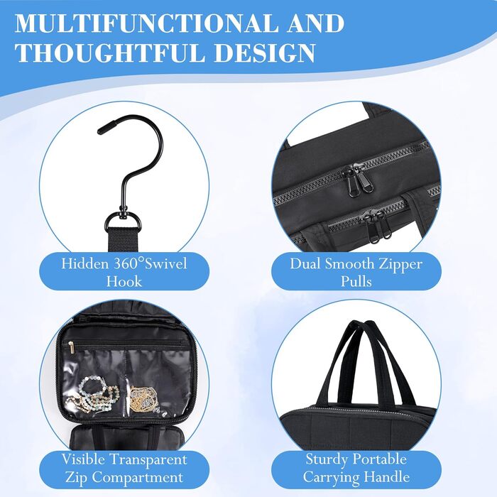 Сумка-органайзер для косметики та аксесуарів для жінок з гачком, чорна. Водонепроникна дорожня сумочка з кількома відділеннями