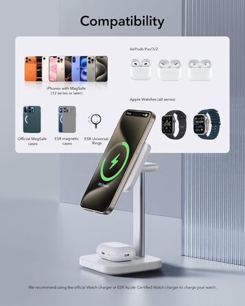 Зарядна станція 2-в-1 ESR MagSafe для Apple Watch та iPhone 17e/17/16/15/14/13/12, AirPods 4 - Біла