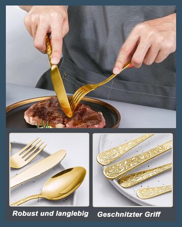 Набір столових приборів 24 предмети в золотистому вінтажному стилі для 6 осіб, нержавіюча сталь, з гравіюванням, високоякісне полірування