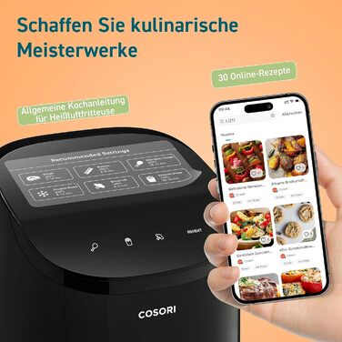 COSORI Air Fryer Small, 4-in-1 Mini Air Fryer 2L, fast and easy cooking with 48dB, 30 recipes, 97% less fat, energy-saving, dishwasher-safe, 1-2 people Dark Black Mini
