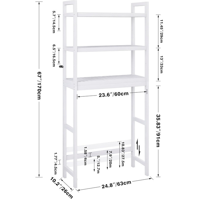 SMIBUY Toilet Shelf, Bamboo Toilet Rack, Adjustable Washing Machine Shelf, Bathroom Shelf with 3 Storage Shelves, Space-Saving, Easy to Assemble, White