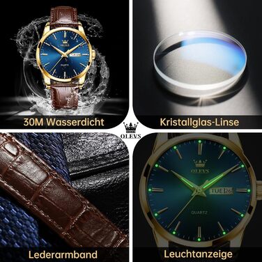 Чоловічий годинник OLEVS з нержавіючої сталі, кварцовий аналоговий годинник, класичний діловий годинник, водостійкий, з підсвічуванням, з датою, на шкіряному ремінці (C2-блакитний циферблат/коричневий ремінь)
