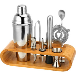 High-quality cocktail shaker set, cocktail mixing set, 10-piece, made of stainless steel, with bamboo storage, including cocktail shaker, jigger, strainer, muddler, bar spoon, ice tongs, bottle opener, and measuring tool.