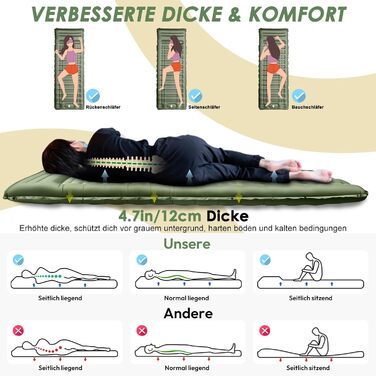 Arlierss Self-Inflating Camping Sleeping Pad with Foot Pump & Pillow - 12cm Thick, Ripstop, Portable, Outdoor, Hiking, Travel, Beach - Army Green