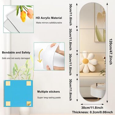 4 самоклеючі настінні дзеркала, акрил, небрудливі, великі, декоративні для ванної кімнати, спальні, 30 см x 30 см