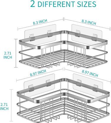 Дзеркальна поличка для душу Yazoni без свердління (2 шт.) - кутова поличка з гачками, нержавіюча сталь, срібна