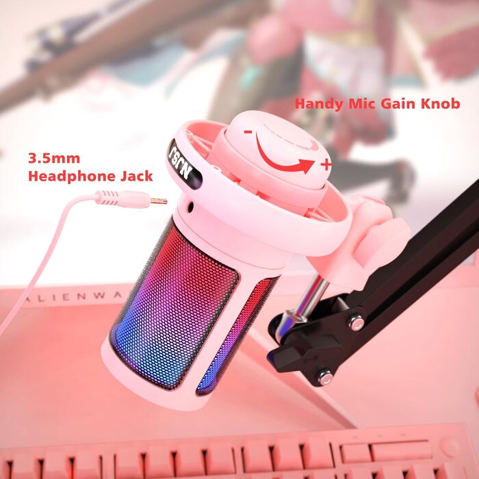Мікрофон для ПК NJSJ Gaming з тримачем, USB мікрофон для MAC PS4 PS5, рожевий. З кнопкою вимкнення звуку, навушниками, поп-фільтром. Конденсаторний мікрофон для стрімінгу та подкастів