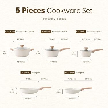 Набір посуду Kordisen з антипригарним покриттям, 5 предметів: каструлі та сковороди, кераміка, білий. Підходить для індукційних плит, без PFOA та PFAS