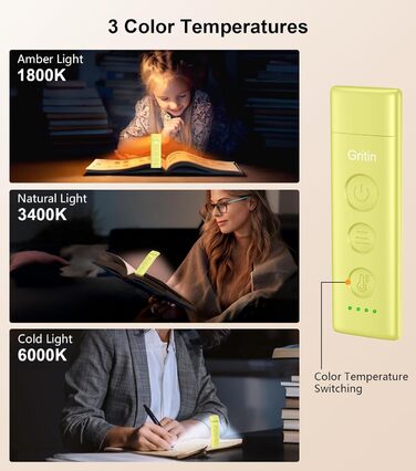 LED лампа для читання Gritin з кріпленням, USB-C, регульоване світло, 3 режими, без напруження для очей, для читання в ліжку, кут налаштування, для любителів книг (Смарагдово-зелений)