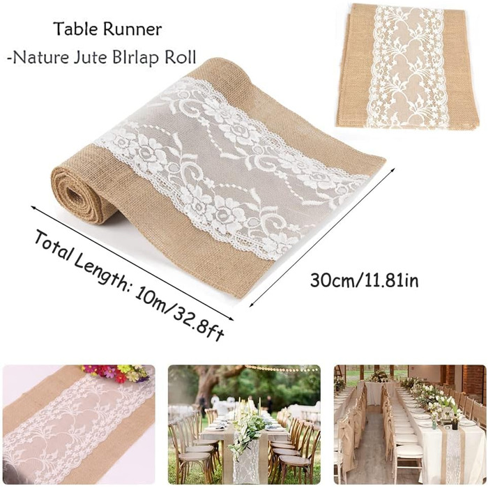 Jute Table Runner with Lace White 30CMx10M Jute Ribbon Rustic Burlap Lace Wedding for Festival Event Table Decoration Christmas Decoration Birthday (Jute and Lace)