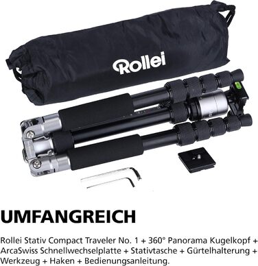 Штатив Rollei Compact Traveler No.1 143cm для камери з кульковою головкою. Легкий штатив для подорожей, сумісний з Arca Swiss, для DSLR та смартфонів (алюміній, титан)