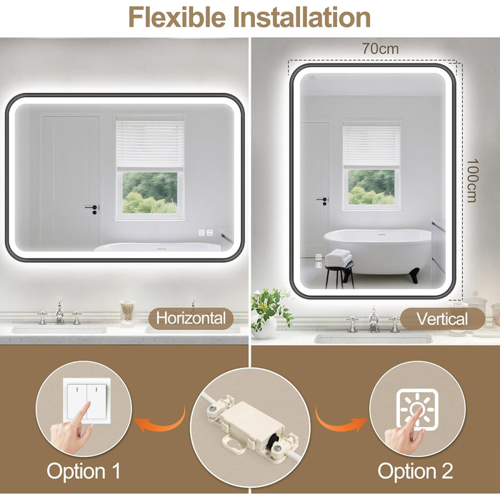 Дзеркало для ванної кімнати S'bagno з підсвічуванням 100x70 см, з алюмінієвою рамою, антизапарююче, 3000-6500K, функція пам'яті, IP44, горизонтальне/вертикальне, чорний колір, M99 (без Bluetooth)