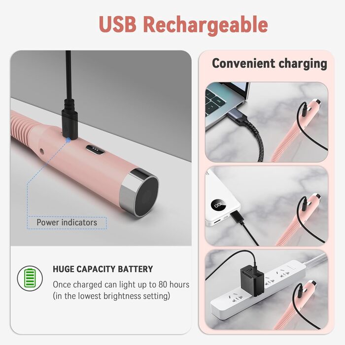 Лампа для рукоділля Diboniur на шию, акумуляторна, 3 кольори світла, 3 рівні яскравості, гнучка, USB для читання, в'язання, кемпінгу (Рожева)
