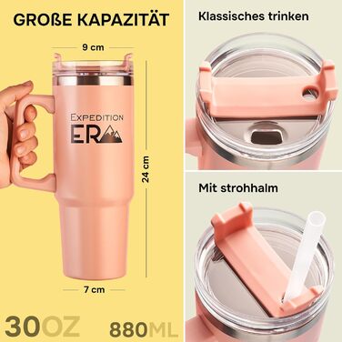 Термокружка з трубочкою 880мл, 30oz - ізольована термокружка з кришкою та ручкою, нержавіюча сталь, велика ємність, Tumbler, термокружка для напоїв, кавова кружка to go XXL (Рожева)