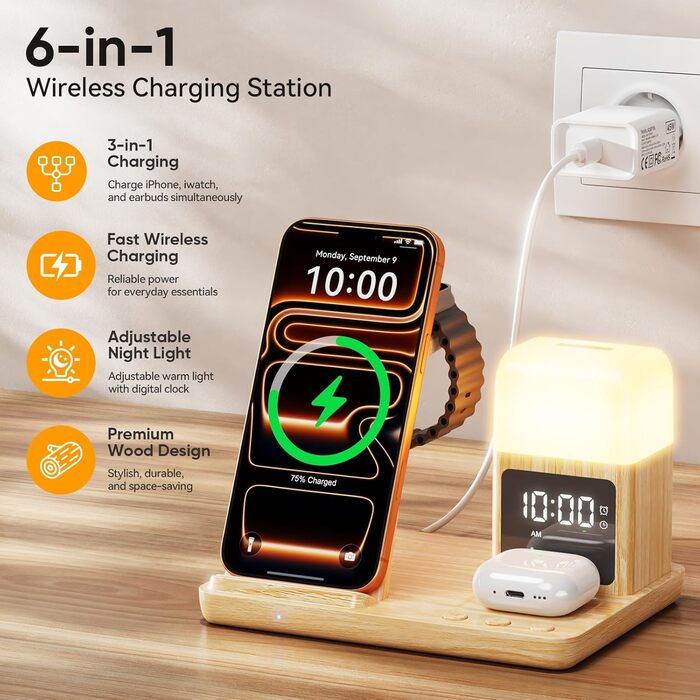 Зарядна станція 6-в-1 Augnner для iPhone 17/16/15/14/13/12/11 Pro/Max/Plus, Apple Watch, AirPods з нічником та будильником, жовта