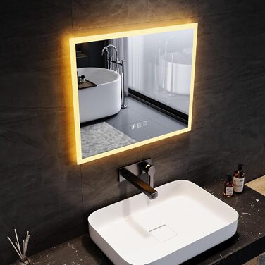 Дзеркало для ванної кімнати SONNI з LED-підсвічуванням, 100 x 60 см, антизапарник, IP44, сенсорне керування, 3 кольори світла, білий