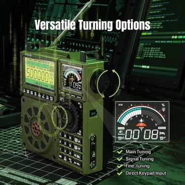 Радіоприймач Raddy RF919 SSB: FM/AM/SW/VHF/UHF/AIR/CB, SSB, з тюнером, 3 роз'єми для антен, 5000mAh, навушник (зелений)