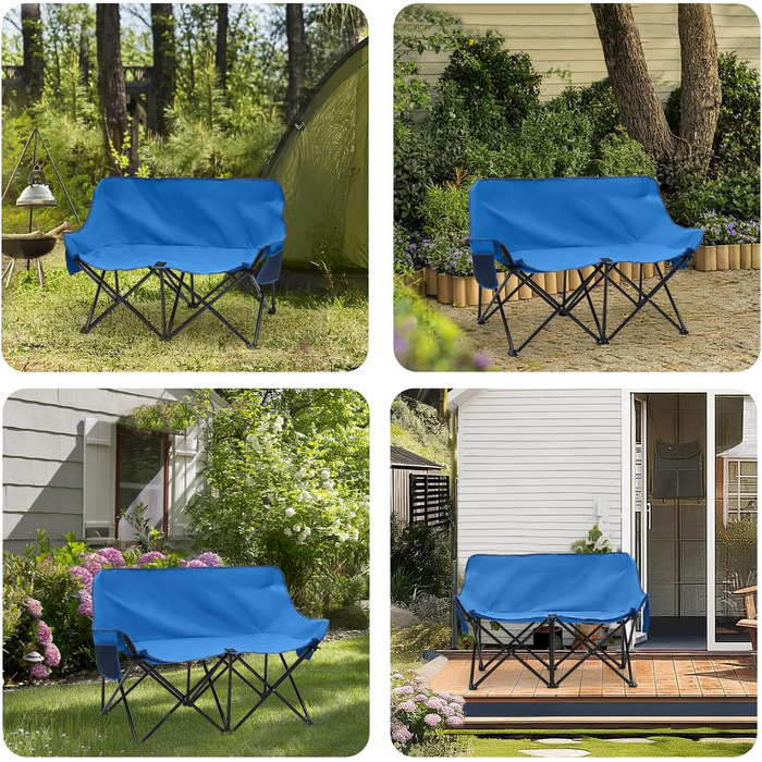 Складане крісло-диван для кемпінгу на 2 особи - переносна модель з підлокітниками та сумкою, блакитний, 110 см. Ідеально для пікніків, кемпінгу, саду, балкону, риболовлі та відпочинку на природі.