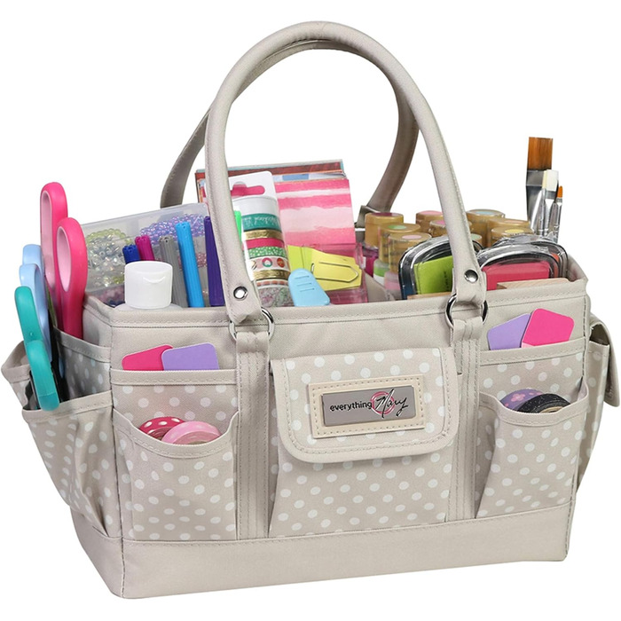 Everything Mary Blaugruner, geometric deluxe store and tote bag, organizer for crafts, sewing, paper, art, desk, canvas, accessories, storage with handles for travel (Light Brown Spotted)