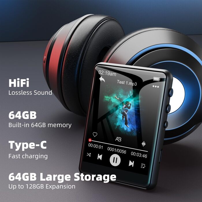 MP3-плеєр 64GB Bluetooth 5.3 з сенсорним екраном 2.4' та динаміком, запис голосу, FM-радіо, Line-in, для дітей, чорний