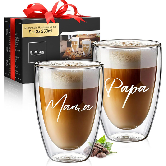 Набір склянок для лате макіато з подвійними стінками [4 шт.] з серцем | Кришталево-прозорі термосклянки | Ідеально для капучино, кави та чаю (08 Words - Мама + Папа, 350 мл)