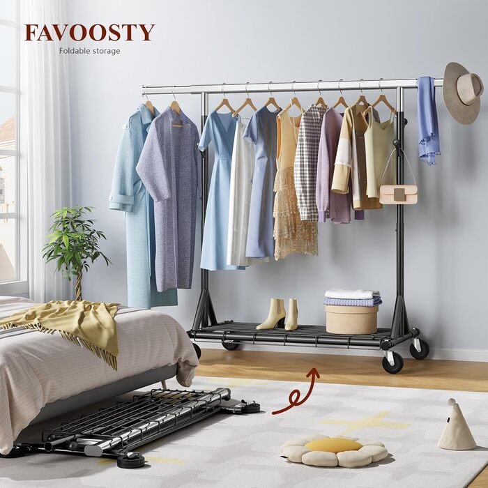 Легкий мобільний вішак для одягу на колесах FAVOOOSTY, металевий, до 200 кг, чорний, 1 стяжка