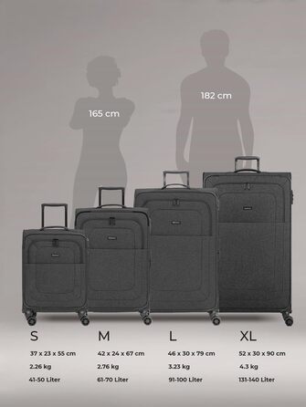 Набір валіз REDOLZ 3 шт. для жінок та чоловіків | Легкі та стійкі дорожні ролери, якісний м'який кейс, 4 подвійні колеса та TSA-замок | Розширюваний з еластичними складками (Essentials 12) Чорний набір валіз (3 шт.) 3-колісний розширюваний