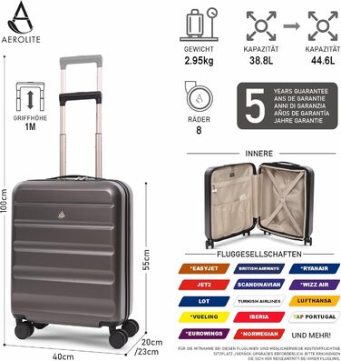 Ручний багаж Aerolite 55x40x20/23 см з 4 колесами (Anthrazit V2) – сумісний з Lufthansa, Eurowings, Condor, Wizz Air