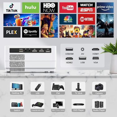 Проектор Nativer 1080P з Wi-Fi та Bluetooth, Full HD для кінотеатру на відкритому повітрі, 300-дюймовий дисплей, 4K, сумісний з iOS/Android/PC/XBox/PS4/TV-Stick/HDMI/USB, білий