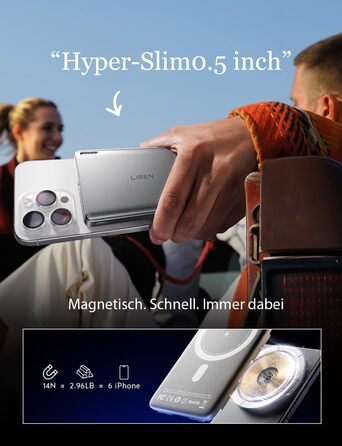 Power Bank Magsafe LISEN 10000mAh для iPhone: Slim, 18W PD USB-C, 10000mAh, сумісний з iPhone 17, 15 Pro Max, 13, Platin-Grau