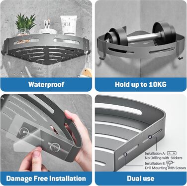 GRICOL Shower Caddy Corner Shelf Shower Shelf No Drilling Metal with 4 Hooks Shower Storage Bathroom Shelf with Adhesive Bathroom Shelf for Bathroom and Kitchen 2 Tiers Grey