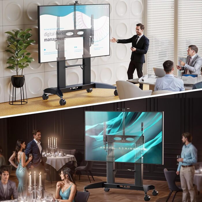 ONKRON Mobile TV Stand for 32-75 inch TVs - Adjustable Height, VESA 600x400, Rolling TV Cart - Black TS1571-B (TS2821)