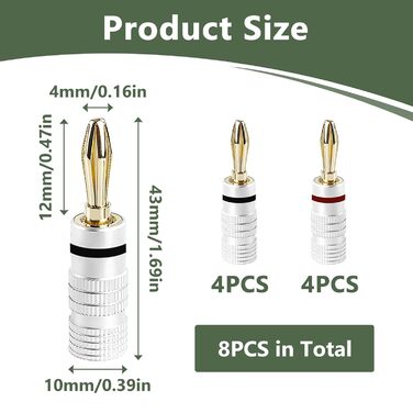 8 шт. бананові конектори 24K позолота для акустичних кабелів, Hi-Fi аудіо, домашній кінотеатр, 4 червоні, 4 чорні, сумісні з кабелями 0.75 мм - 4 мм