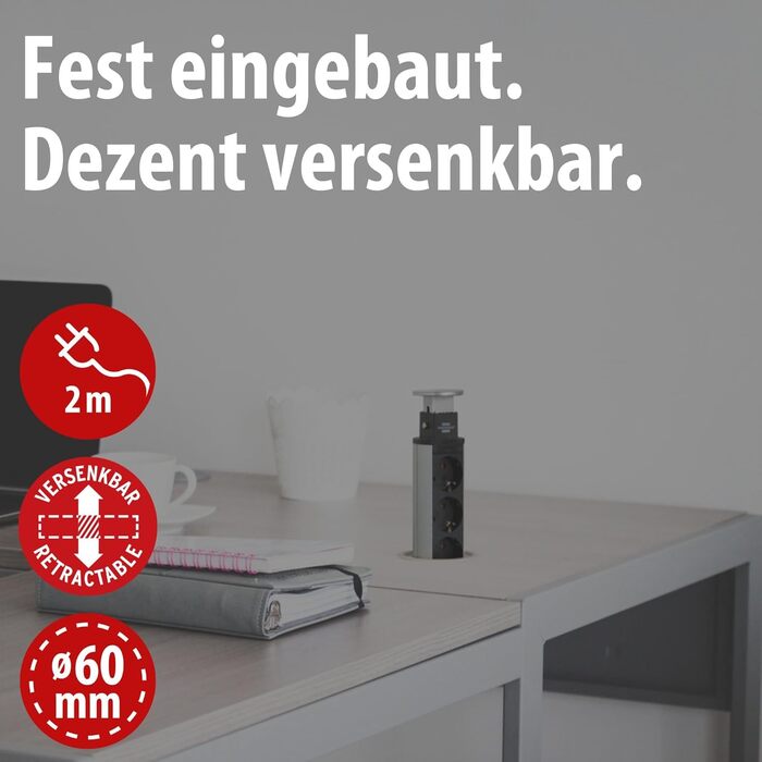Вбудований подовжувач Brennenstuhl Tower Power на 3 розетки, 2м, вмонтовувана настільна розетка, алюміній/чорний