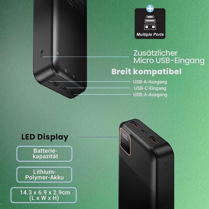 Повербанк PATONA Premium 20000mAh 22.5W PD з Li-Polymer батареєю, швидка зарядка, USB-C та 2x USB-A, 74Wh