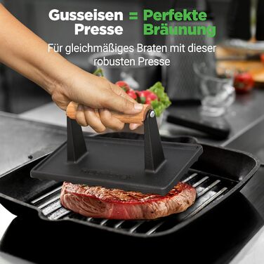 Прес для бургерів NutriChef з чавуну з антипригарним покриттям, 1.5 кг (22x9.5 см), з дерев'яною ручкою, для стейків, BBQ, бекону та сендвічів