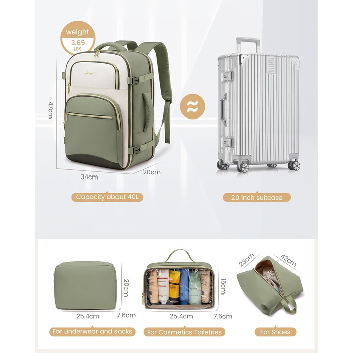 Рюкзак LOVEVOOK для ручної поклажі, 40L, для подорожей, чоловічий/жіночий, 17 дюймів, водонепроникний, для вихідних, кемпінгу, бізнесу