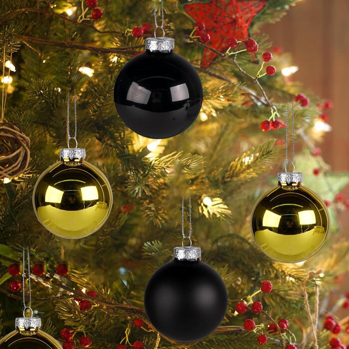 Набір ялинкових прикрас Hengsong - 24 чорні скляні кулі з золотом, 6 см