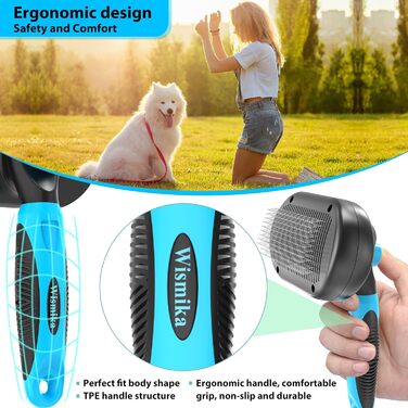 Двостороння щітка для грумінгу собак та котів 2-в-1, для видалення підшерстка, самоочисна (блакитна)